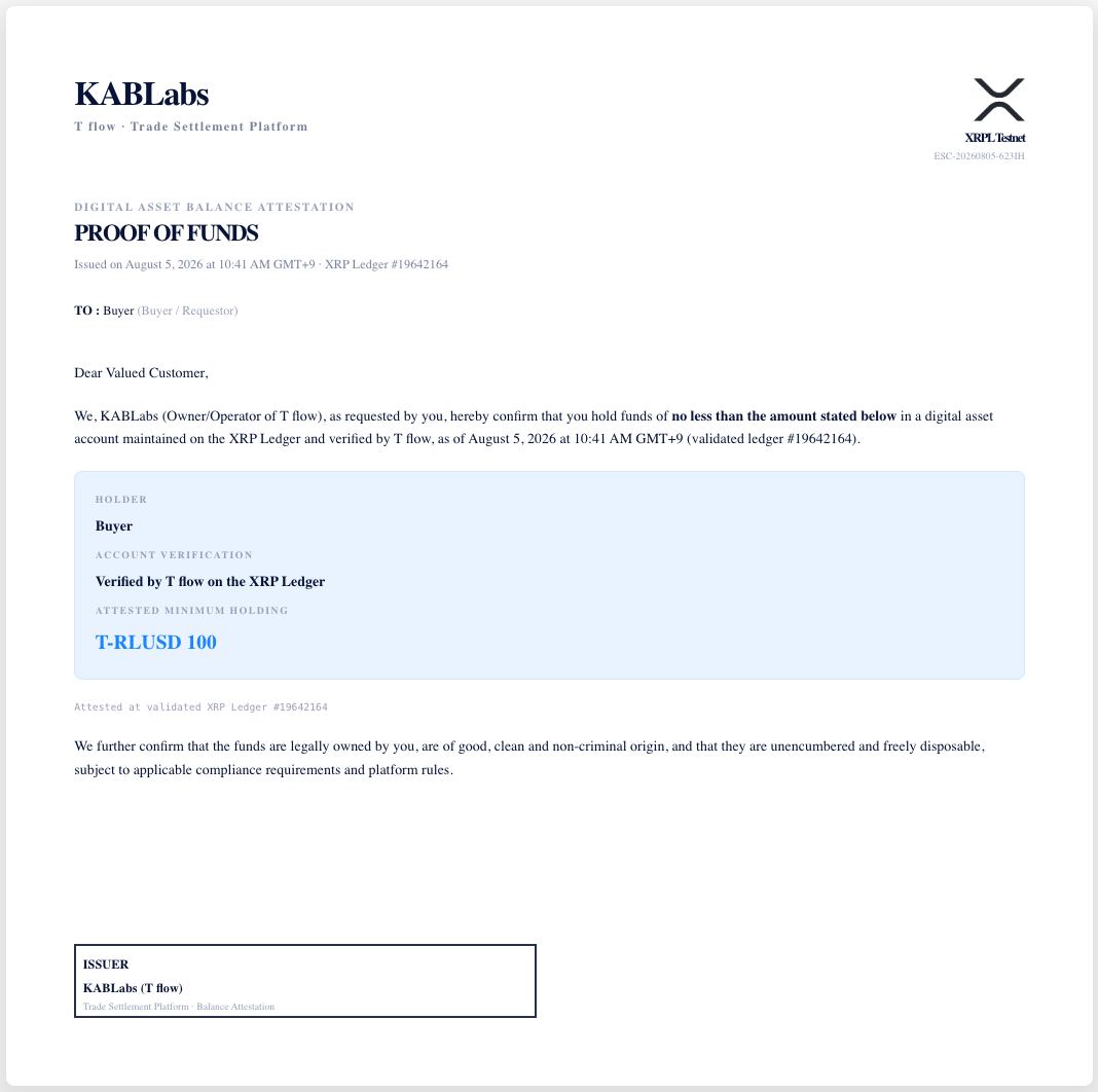 PoF 증명서 — 보유자(조직명), "Verified by T flow on the XRP Ledger", 최소 보유 금액, 확인된 블록체인 기록 번호