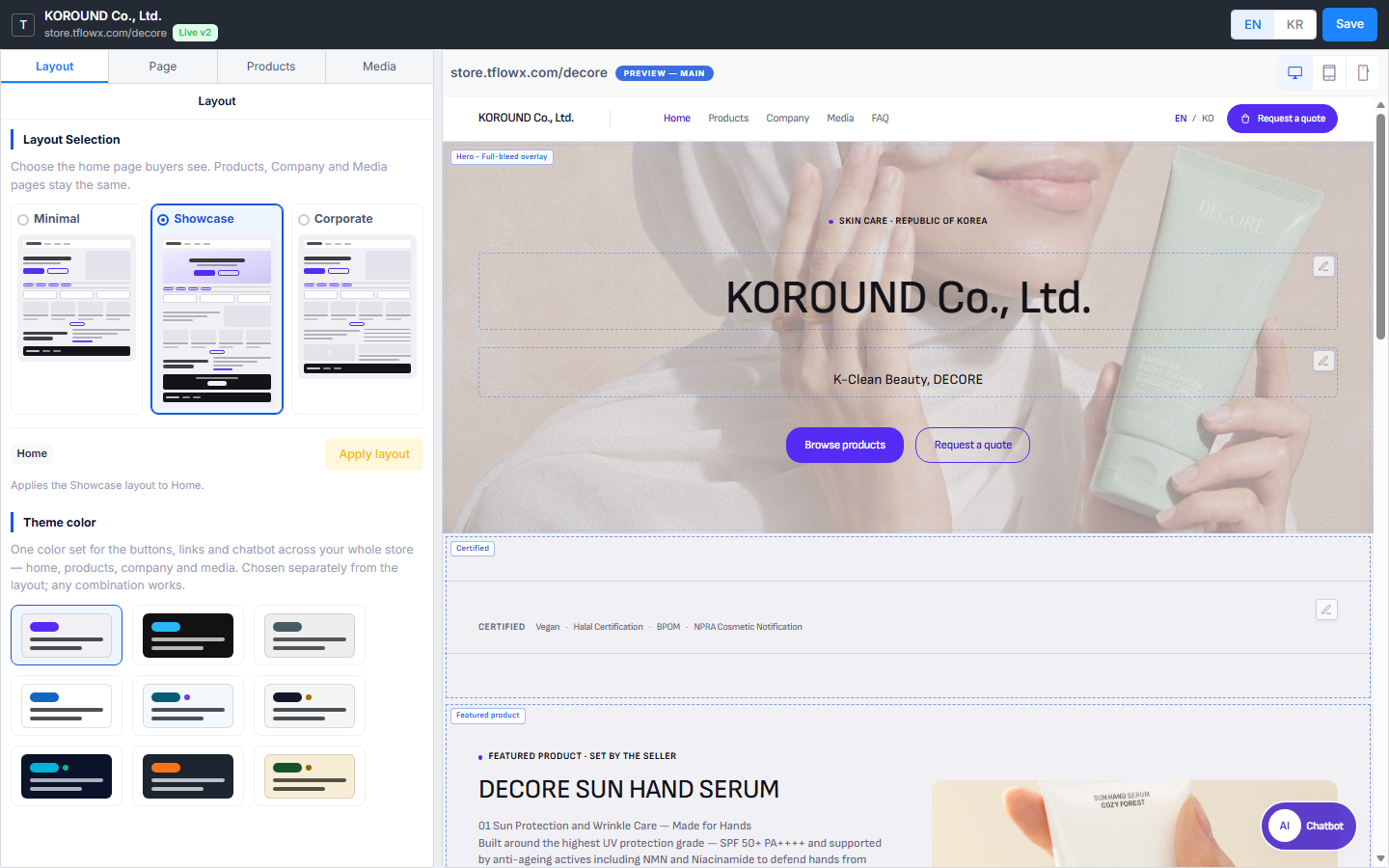 Layout tab — the Minimal, Showcase and Corporate cards, the Home badge with Apply layout, and nine Theme color chips