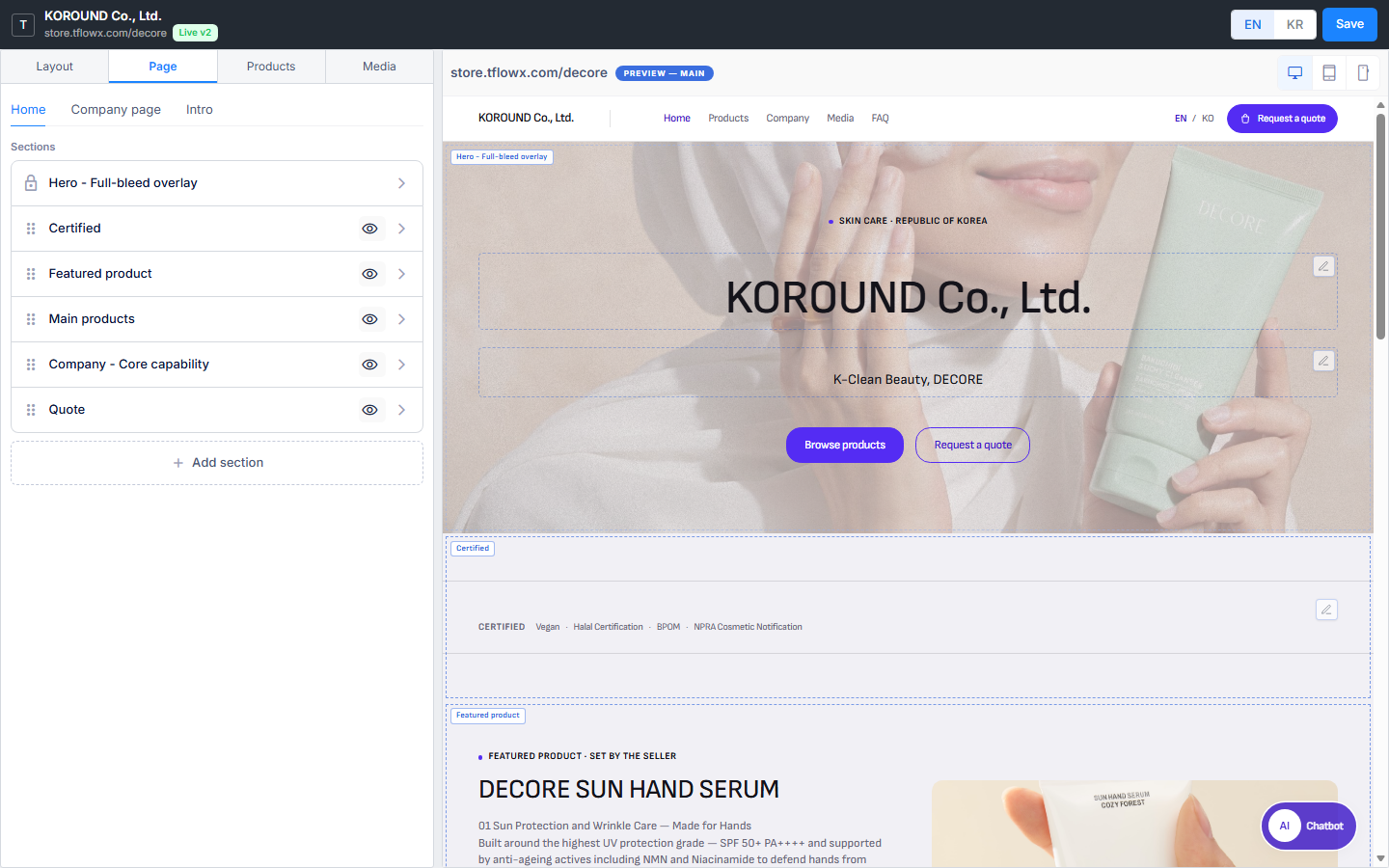 Edit store window — the top bar (company name, address and Live badge; EN | KR and Save), the section list on the Page tab at the left (Hero · Certified · Featured product · Main products …), and the live preview with device buttons at the right