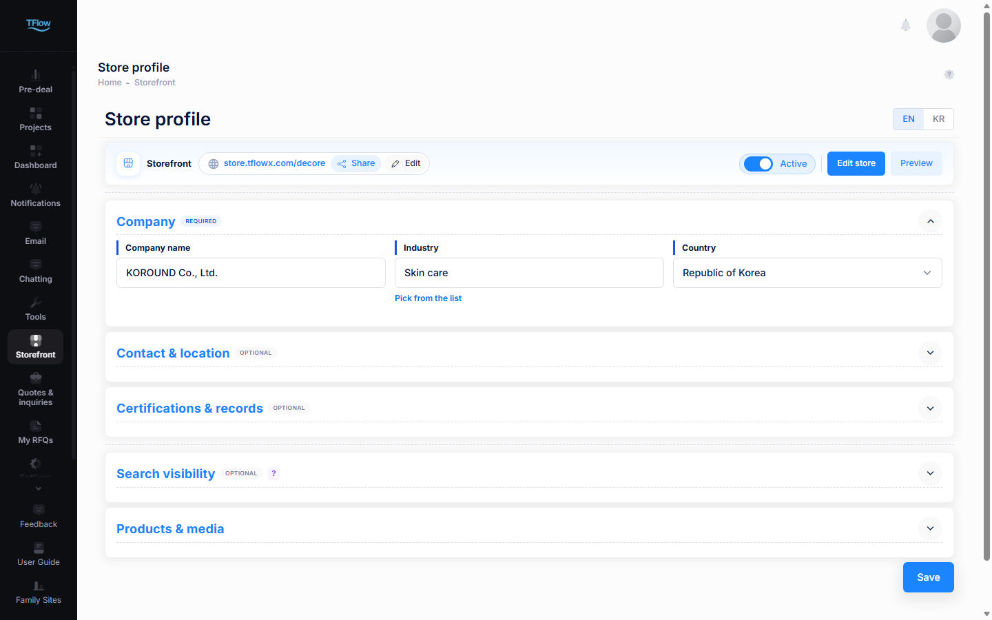 Store profile screen in the main app — Storefront · Quotes & inquiries in the left sidebar, the top card with the address, Share, Edit, the Active switch, Edit store and Preview, then five cards and Save